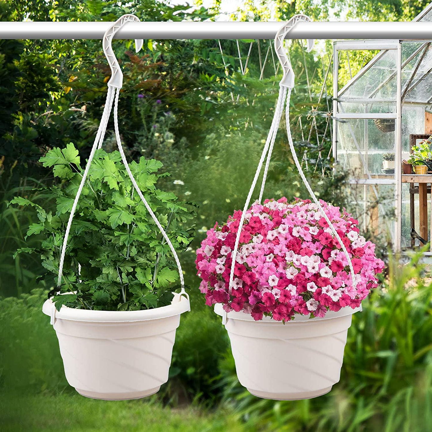 VIDELLY 4 Pieces Plastic Hanging Flower Plant Pots Chain Basket Planter Holder Round Hanging Fence Railing Wall Planter Plant Containers for Outdoor Indoor Plants Garden Balcony Decoration,Beige White