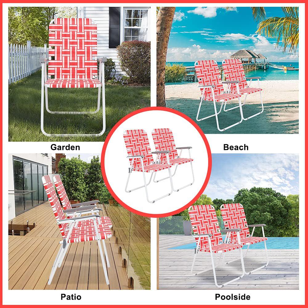 VINGLI Patio Lawn Chairs Folding Set of 2, Webbed Folding Chair Outdoor Beach Chair Portable Camping Chair for Yard, Garden(Red)