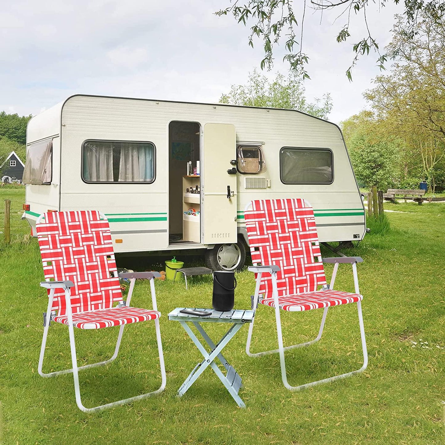 VINGLI Patio Lawn Chairs Folding Set of 2, Webbed Folding Chair Outdoor Beach Chair Portable Camping Chair for Yard, Garden(Red)