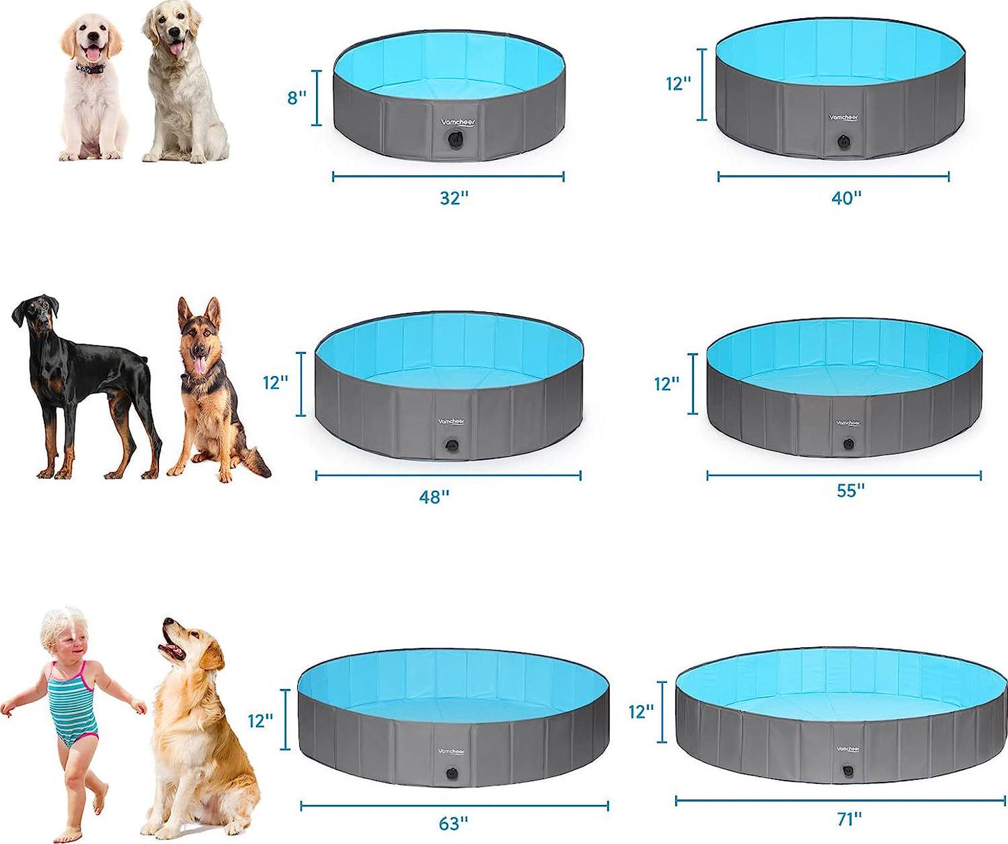 Vamcheer Foldable Dog Swimming Pool - Thicker PVC Material And Sturdy PP Board, 71 X12 Collapsible Plastic Dog Pool For Large Dogs, Portable Pet Bath Tub