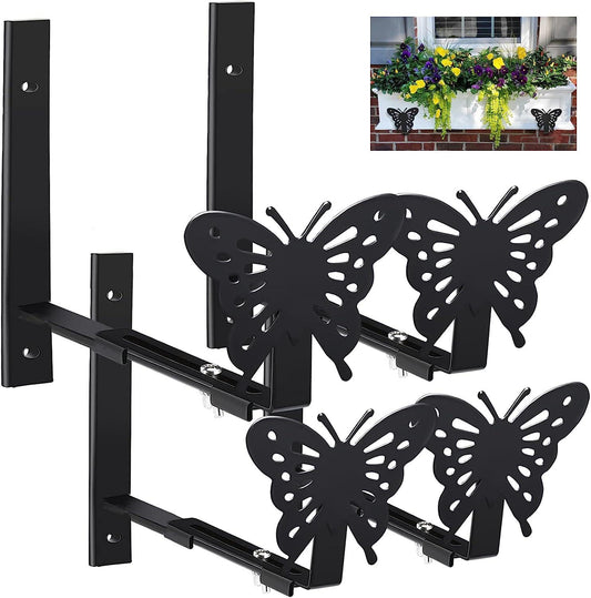 Venhoo Planter Box Brackets for Window Boxes Planters Hooks Sturdy Wall Mount Flower Box Holders with Butterfly, Planter Shelving with Adjustable Size The Width of The Bottom of The Planter Box-4 Pack-