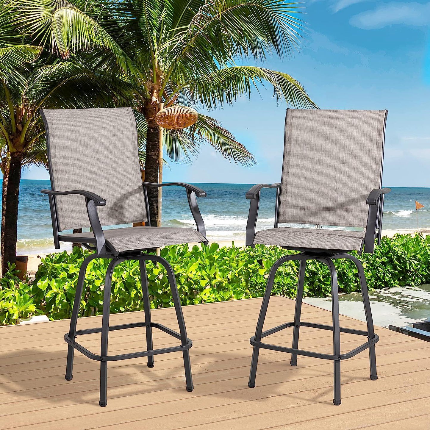 Vongrasig 2 Piece Patio Swivel Bar Chairs, All Weather Metal Textile High Swivel Bar Stools Chairs, Outdoor High Top Bistro Set for Backyard, Lawn Garden, Balcony, Taupe