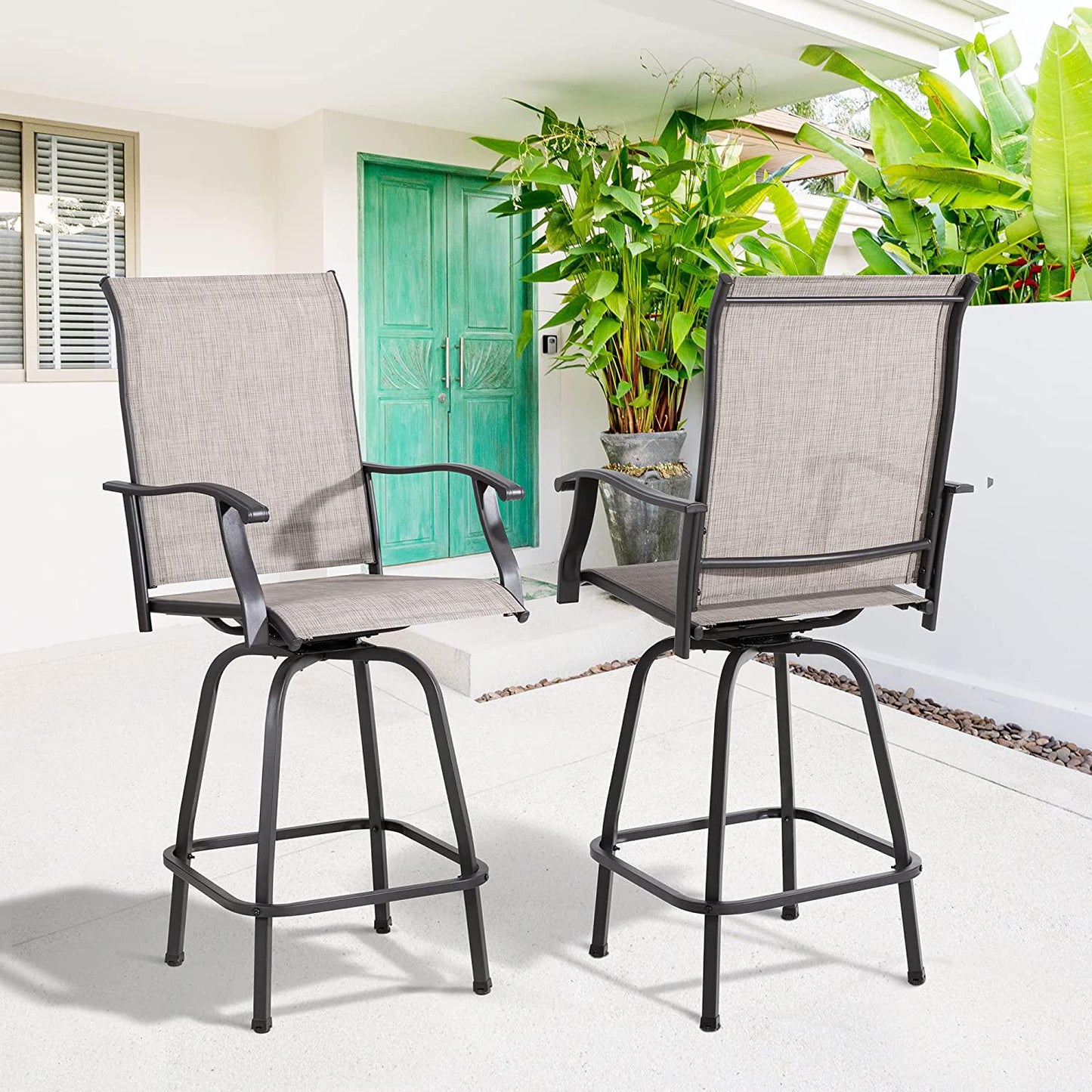 Vongrasig 2 Piece Patio Swivel Bar Chairs, All Weather Metal Textile High Swivel Bar Stools Chairs, Outdoor High Top Bistro Set for Backyard, Lawn Garden, Balcony, Taupe