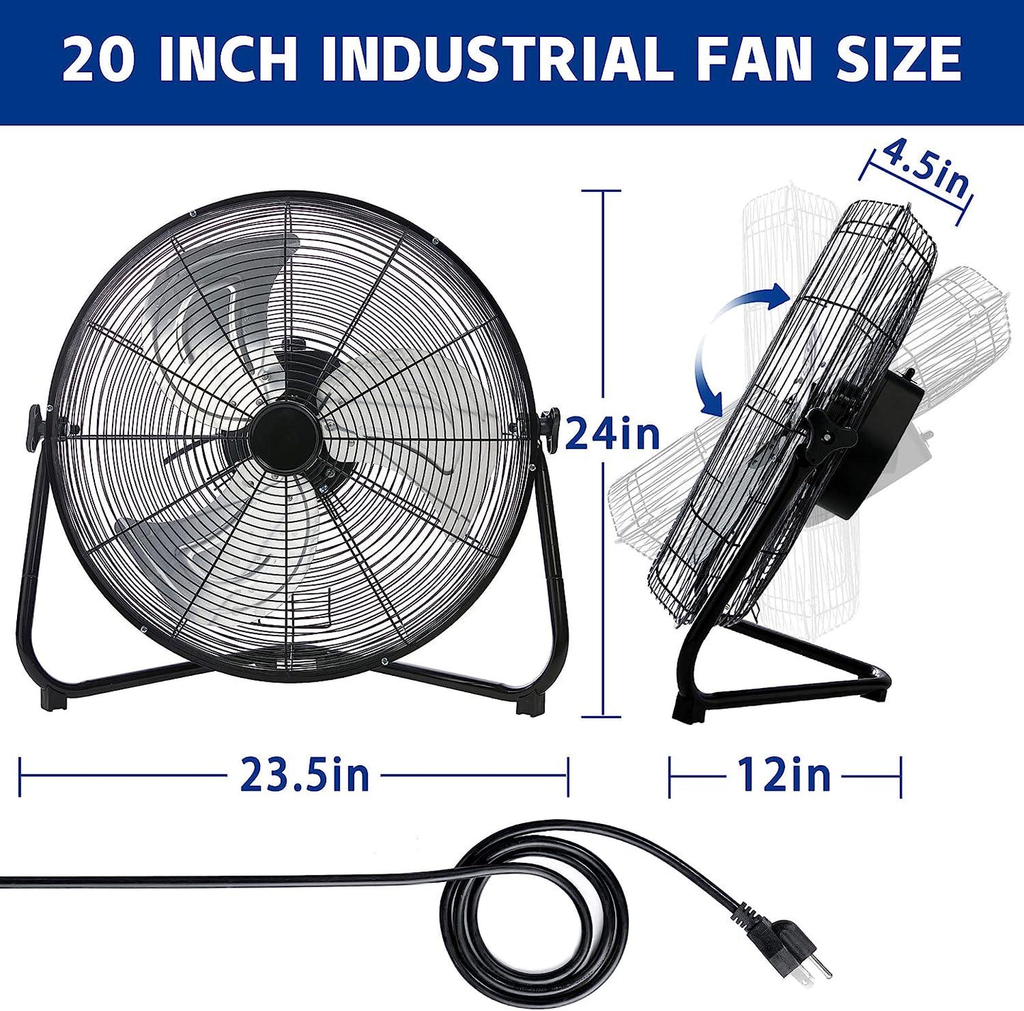 6300 CFM Floor Fan 20 High Velocity Fan 360° Adjustable Standing/Wall Mounted 3 Powerful Speed Heavy Duty Metal Fan With Portable Handle