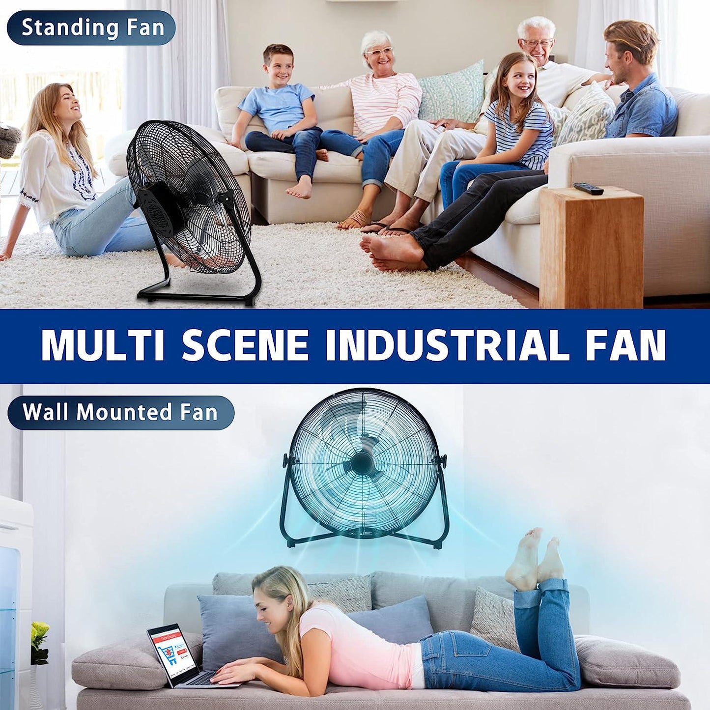 6300 CFM Floor Fan 20 High Velocity Fan 360° Adjustable Standing/Wall Mounted 3 Powerful Speed Heavy Duty Metal Fan With Portable Handle