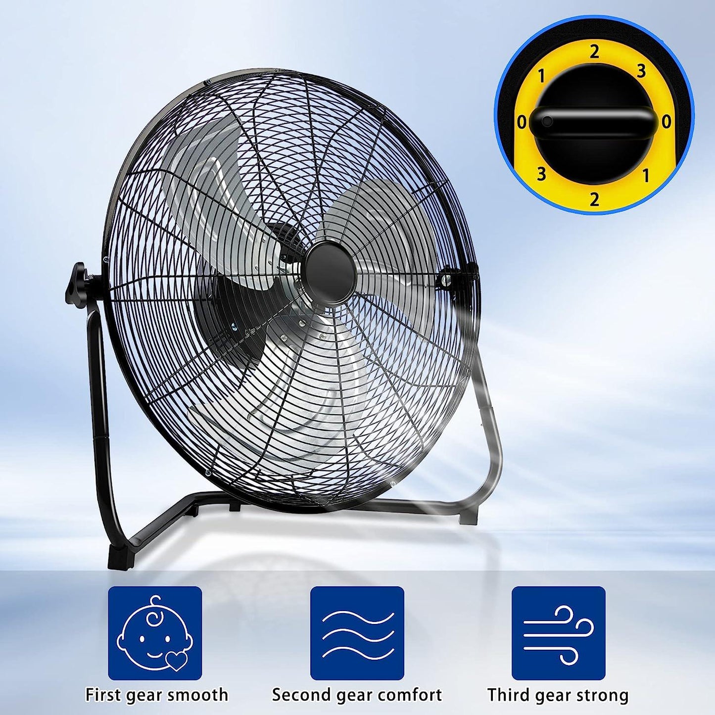 6300 CFM Floor Fan 20 High Velocity Fan 360° Adjustable Standing/Wall Mounted 3 Powerful Speed Heavy Duty Metal Fan With Portable Handle