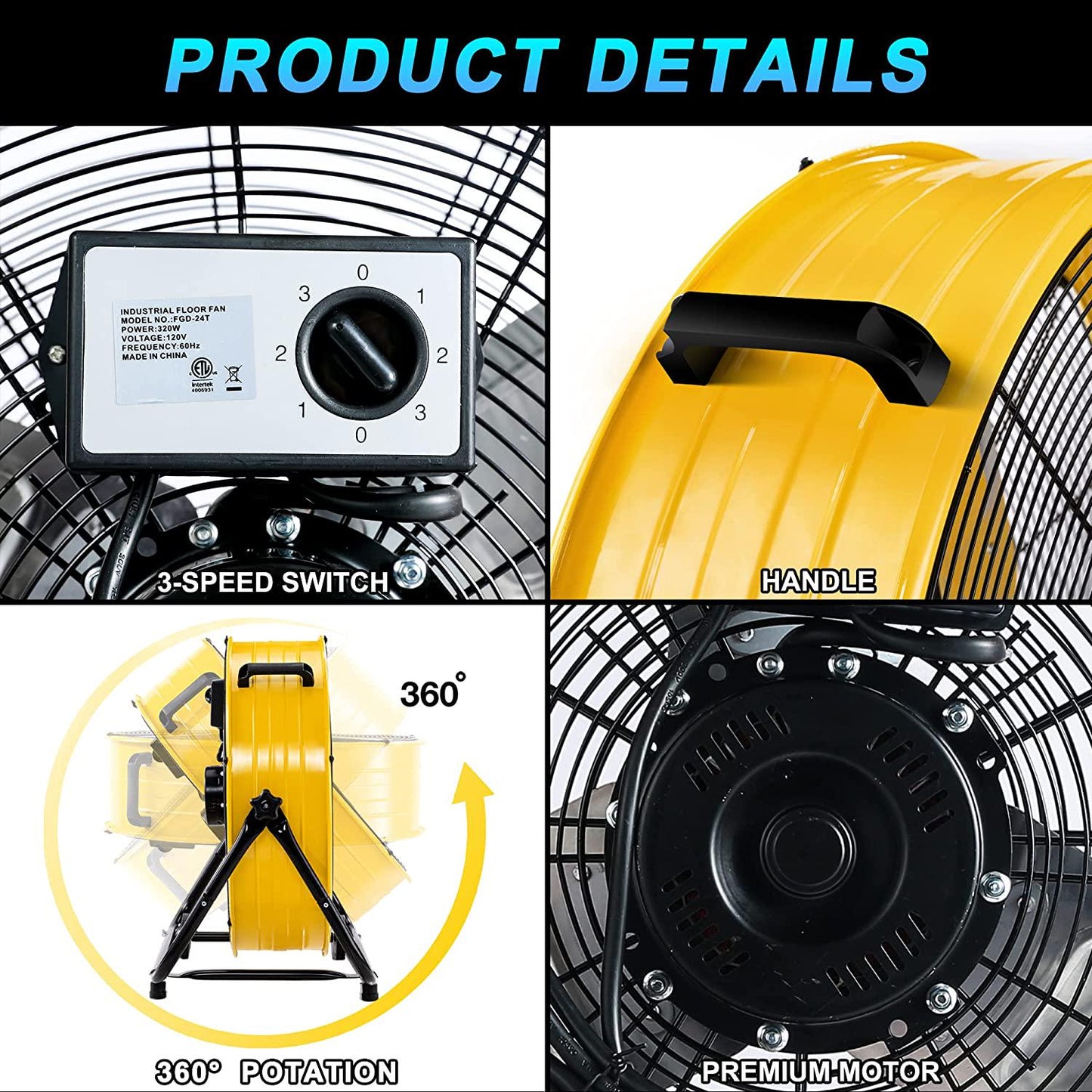 Industrial Fan 24 Inch Heavy Duty Drum 3 Speed 8800 CFM Air Circulation High Velocity Fan For Warehouse, Workshop, Factory, Commercial, Residential and Greenhouse Yellow