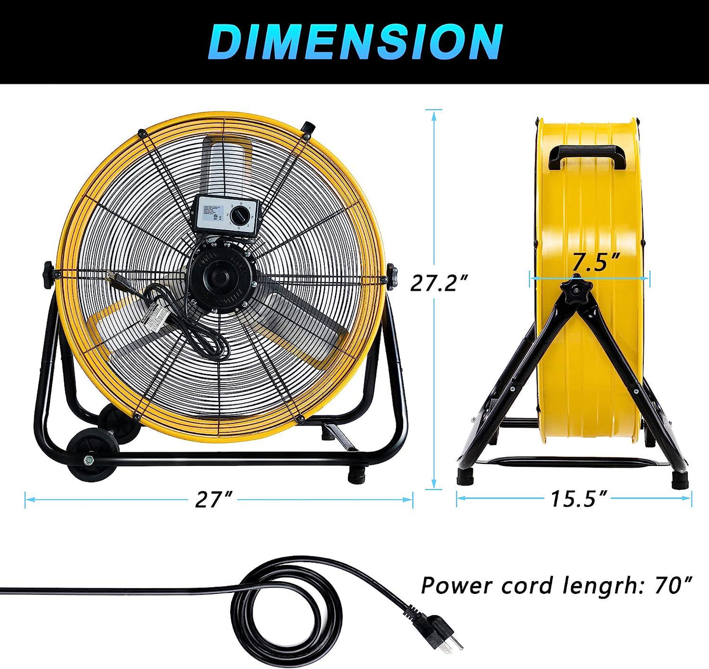 Industrial Fan 24 Inch Heavy Duty Drum 3 Speed 8800 CFM Air Circulation High Velocity Fan For Warehouse, Workshop, Factory, Commercial, Residential and Greenhouse Yellow