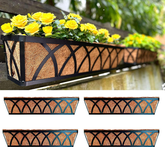 Wall Planters, 4 Pack, 24 Inch Large Fence Planters for Outdoor Plants with Coco Liner Metal Deck Rail Railing Flower Basket Window Box Attach House Outside Horse Trough Porch Balcony Garden-