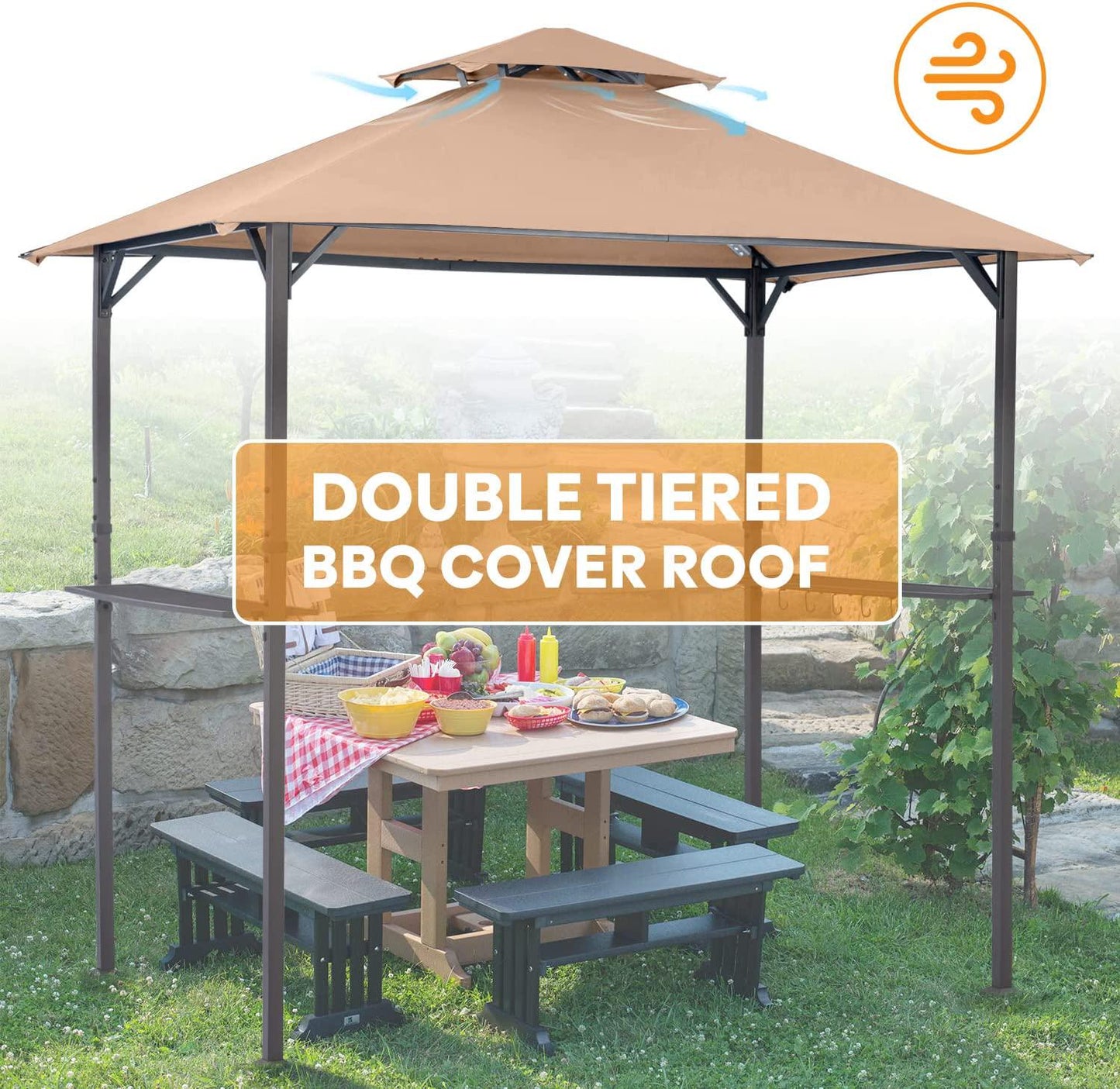 Warmally Grill Gazebo Shelter Replacement Canopy 5x8 Double Tiered BBQ Cover Roof Fit for Gazebo Model L-GG001PST L-GZ238PST(Khaki)