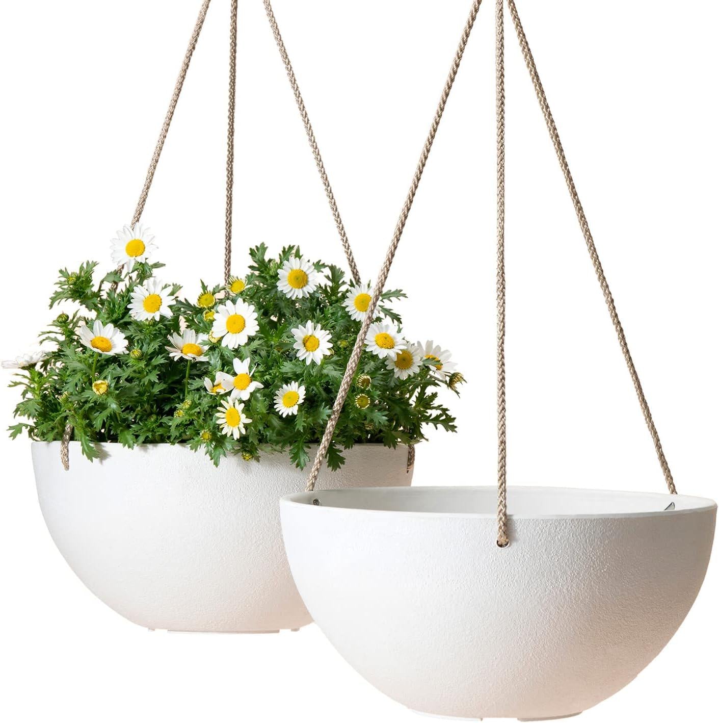 White Hanging Planter Basket - 10 Inch Indoor Outdoor Flower Pots, Plant Containers with Drainage Hole, Plant Pot for Hanging Plants, Pack 2-