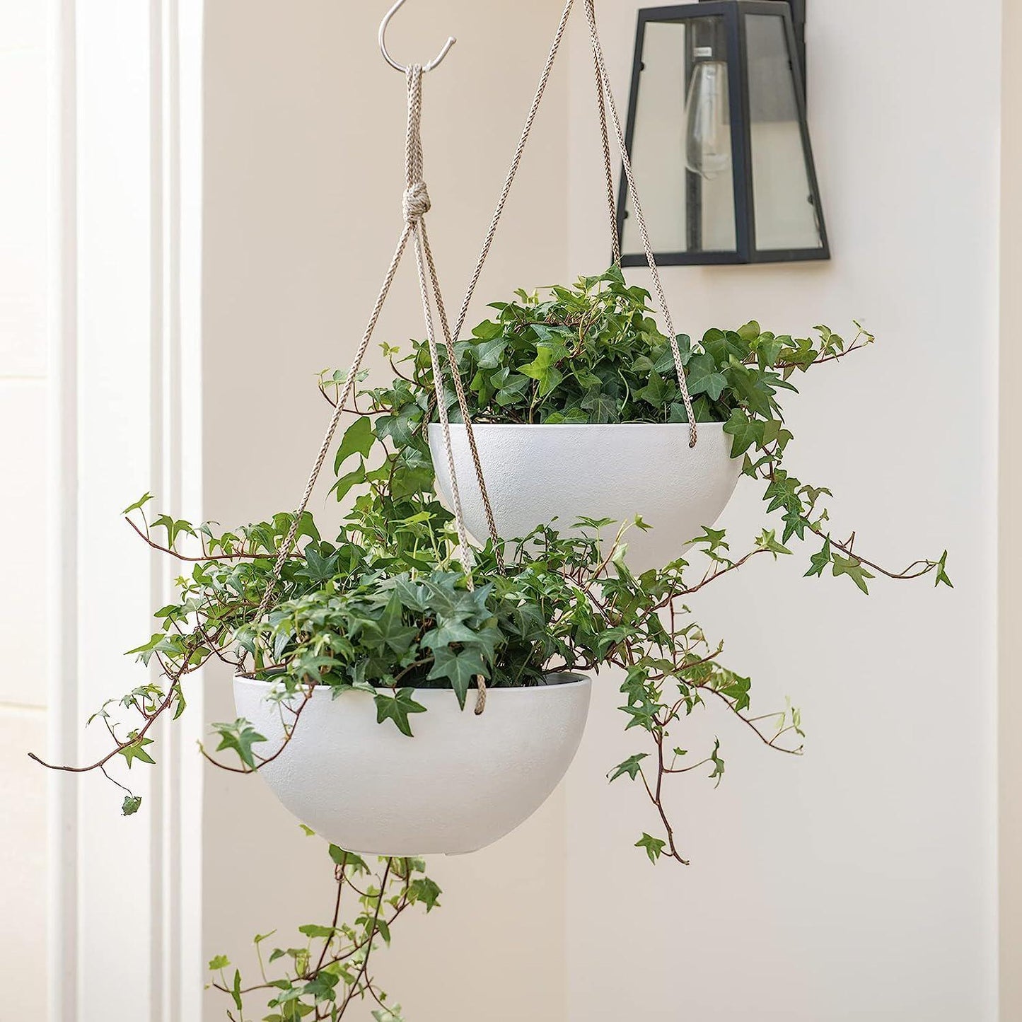 White Hanging Planter Basket - 10 Inch Indoor Outdoor Flower Pots, Plant Containers with Drainage Hole, Plant Pot for Hanging Plants, Pack 2