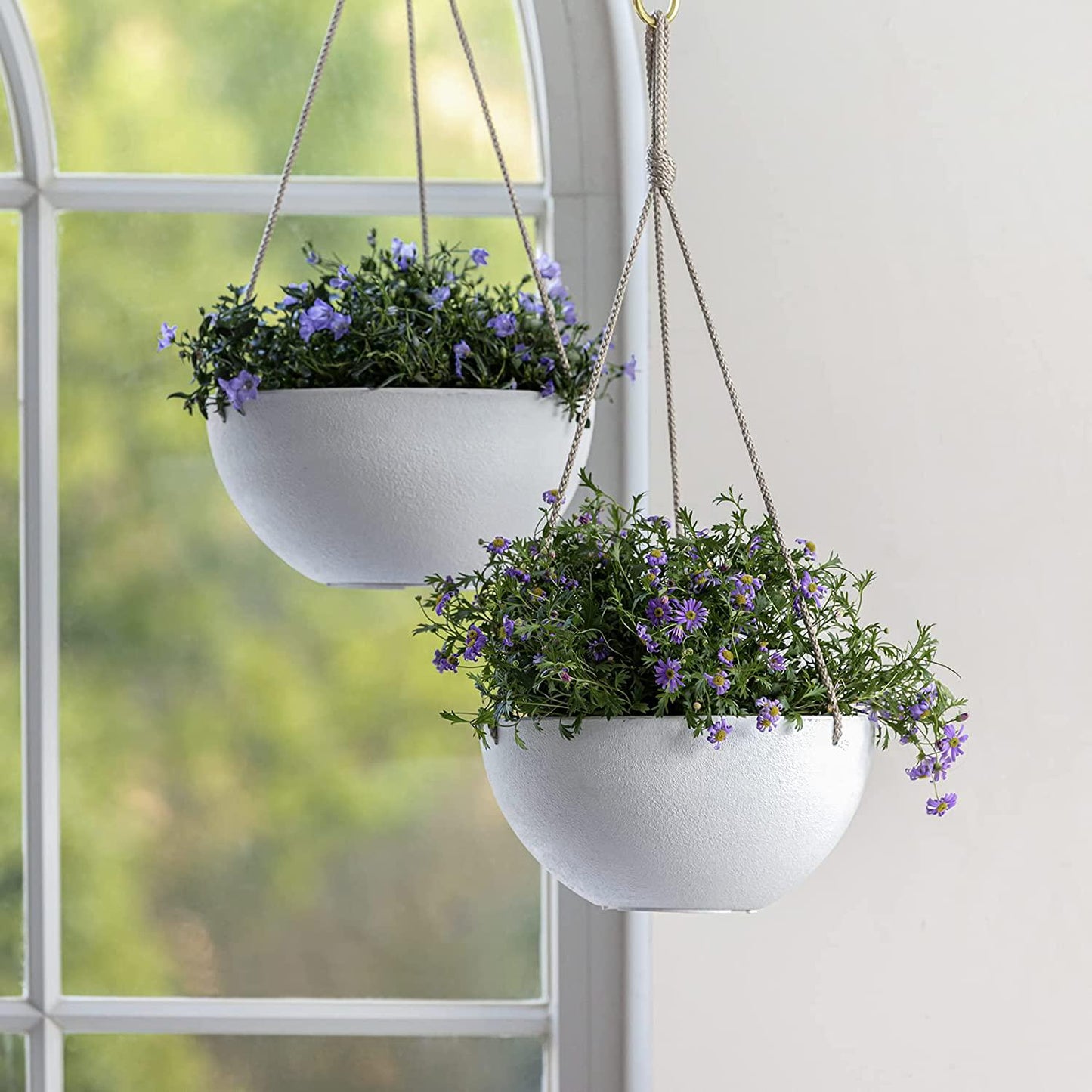 White Hanging Planter Basket - 10 Inch Indoor Outdoor Flower Pots, Plant Containers with Drainage Hole, Plant Pot for Hanging Plants, Pack 2