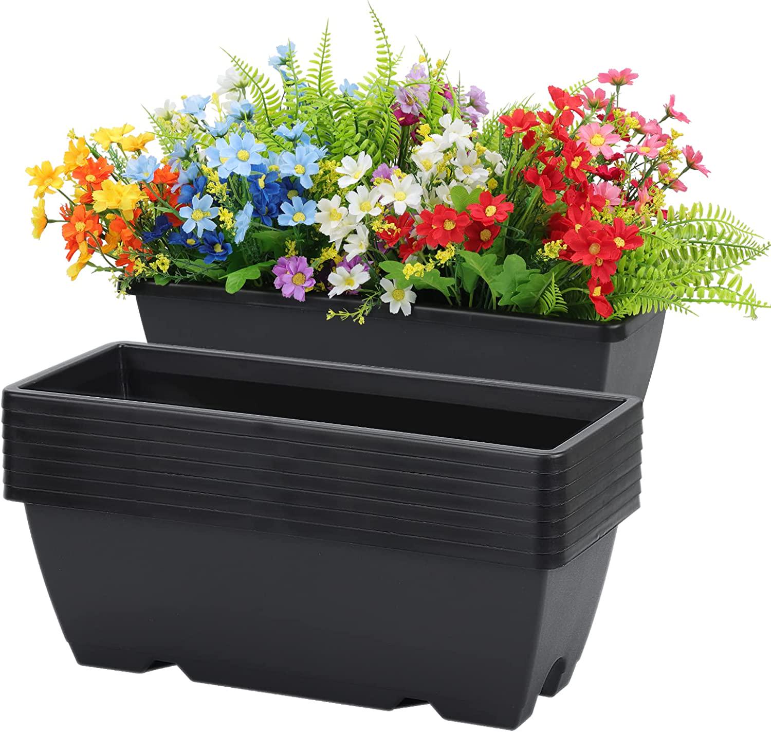 Whonline 8 Pack Window Box Planter 17 Inch Black Plastic Vegetable Flower Planters Boxes Rectangular Flower Pots with Saucers for Indoor Outdoor Garden Patio-