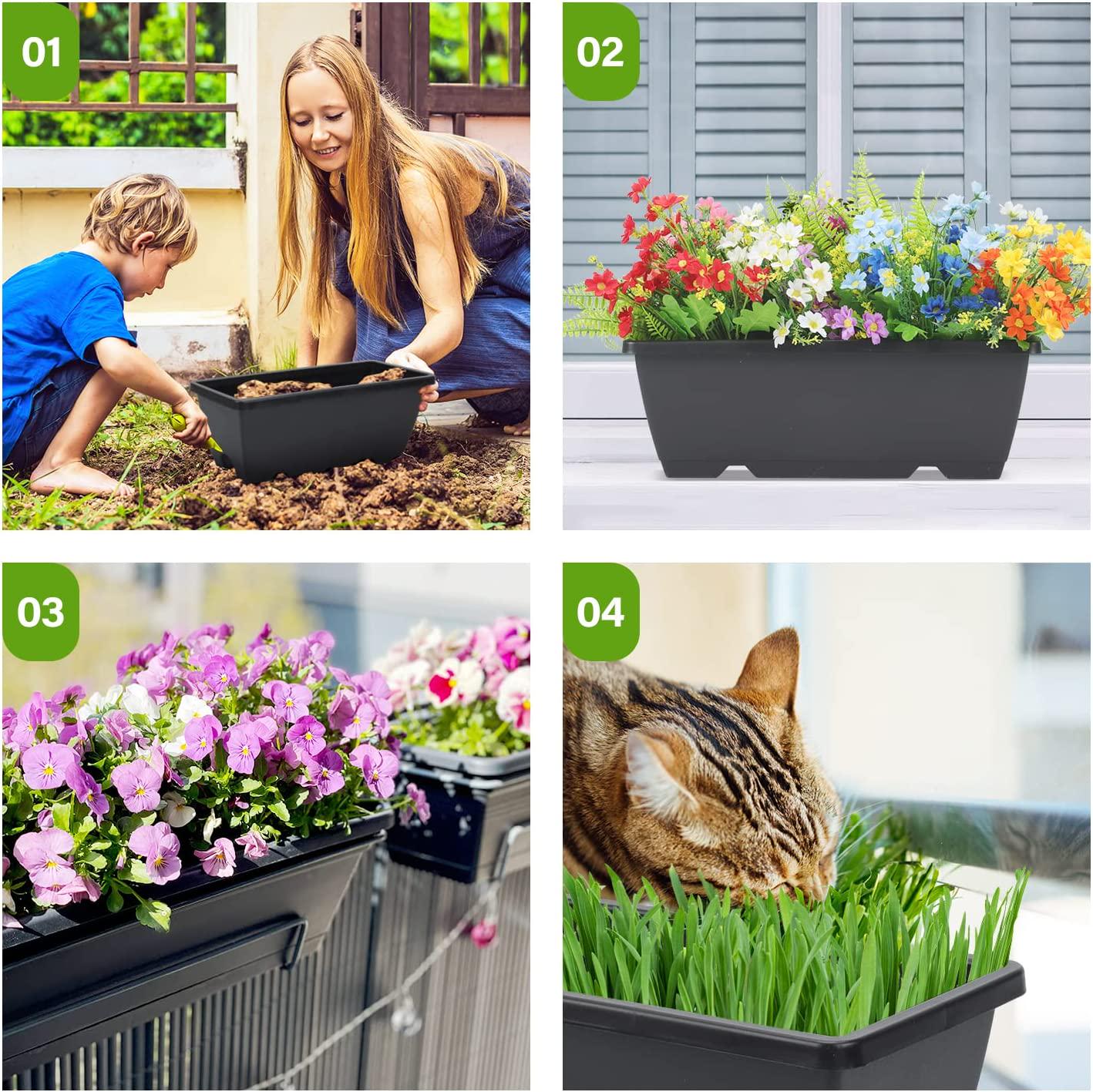 Whonline 8 Pack Window Box Planter 17 Inch Black Plastic Vegetable Flower Planters Boxes Rectangular Flower Pots with Saucers for Indoor Outdoor Garden Patio