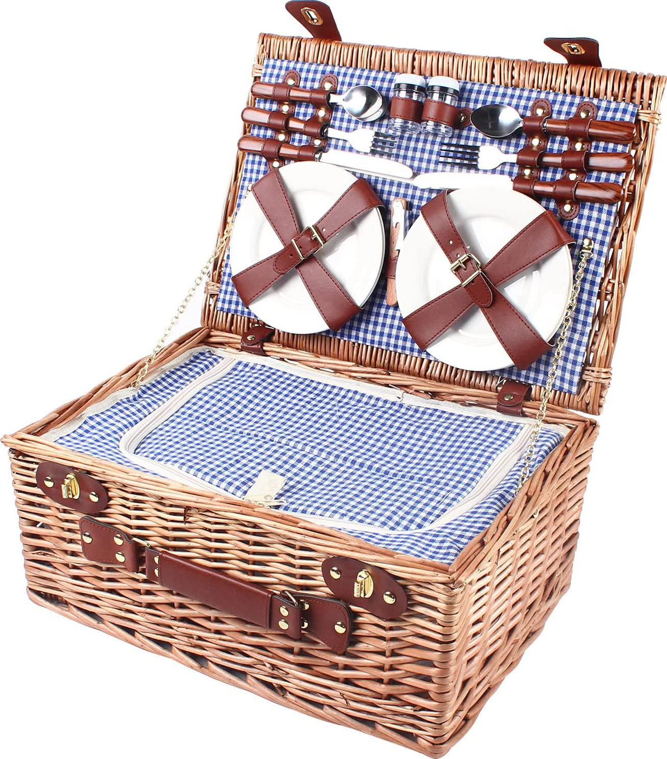 Wicker Picnic Basket Set for 4, Waterproof Large Picnic Set with Portable Handle for Family, Party, Camping-