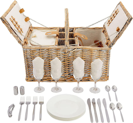 Wicker Picnic Basket Set for 4 with Insulated Cooler Bag, Metal Silverware, Salt/Pepper Shakers, and Corkscrew Wine Bottle Opener, Ceramic Plates, Glass Wine Glasses, and Cloth Napkins (Straw/White)-