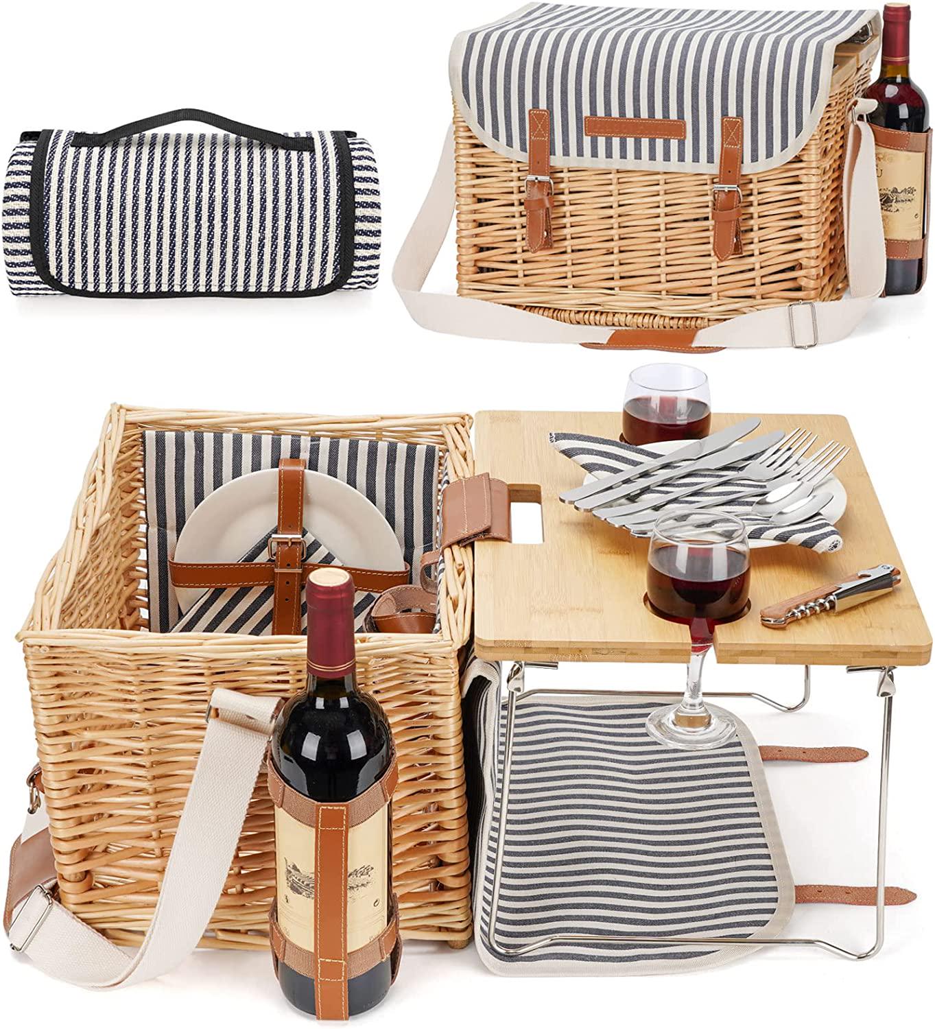 Wicker Picnic Basket for 2 with Detachable Table, Elasticated Wine Holder, Shoulder Carrying Willow Picnic Hamper Set with Premium Tableware and Blanket for Outdoor, Wedding, Anniversary, Birthday Gift-