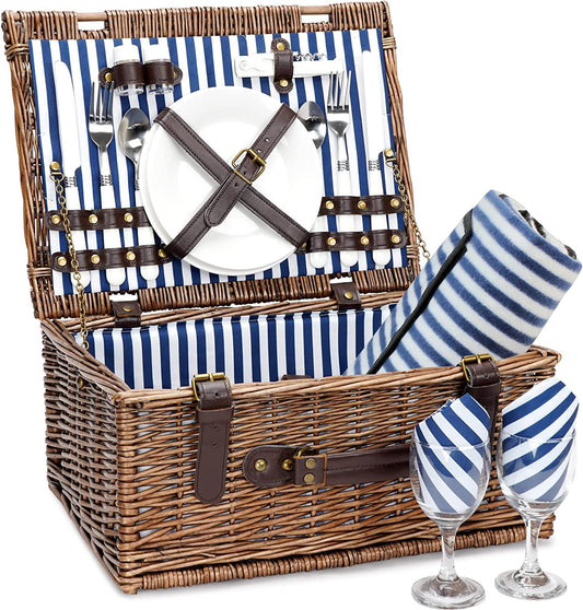 Wicker Picnic Basket for 2 with Waterproof Picnic Blanket, Picnic Set for 2 with Sand-Proof Beach Mat,Willow Hamper Service Gift Set for Camping and Outdoor Party Best Gift-