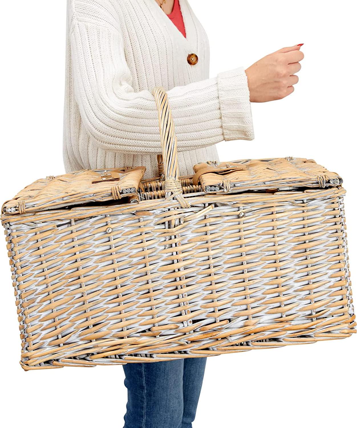 Wicker Picnic Basket Set for 4 with Insulated Cooler Bag, Metal Silverware, Salt/Pepper Shakers, and Corkscrew Wine Bottle Opener, Ceramic Plates