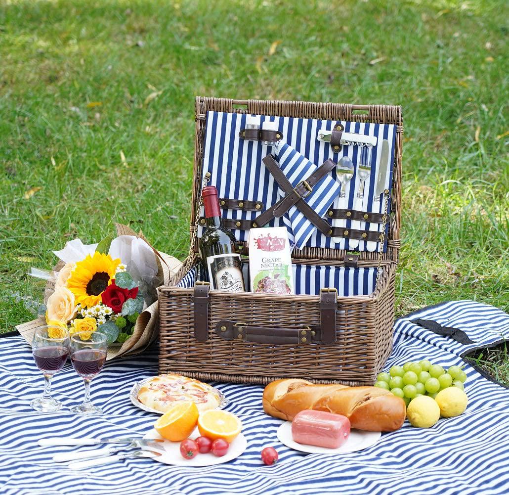Wicker Picnic Basket for 2 with Waterproof Picnic Blanket, Picnic Set for 2 with Sand-Proof Beach Mat,Willow Hamper Service Gift Set for Camping and Outdoor Party Best Gift