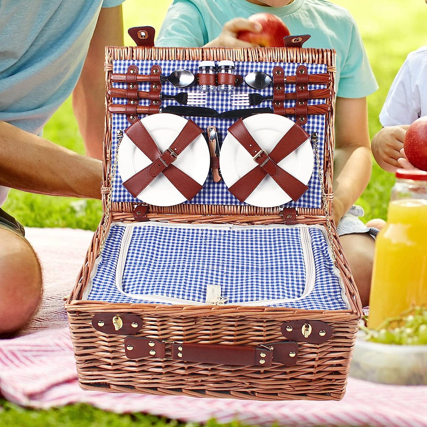 Wicker Picnic Basket Set for 4, Waterproof Large Picnic Set with Portable Handle for Family, Party, Camping