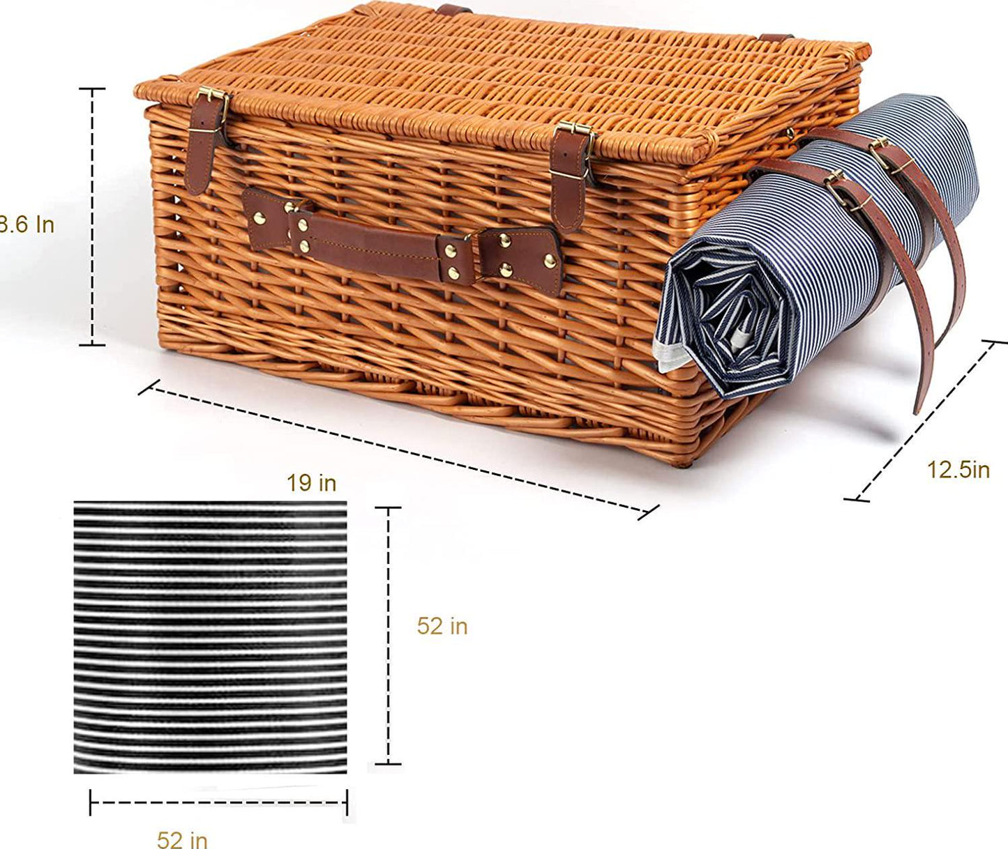 Wicker Picnic Basket for 4 Persons with Waterproof Picnic Blanket,Picnic Set for Family with Insulated Cooler Compartment Utensils,Wedding Gifts for Couples Unique