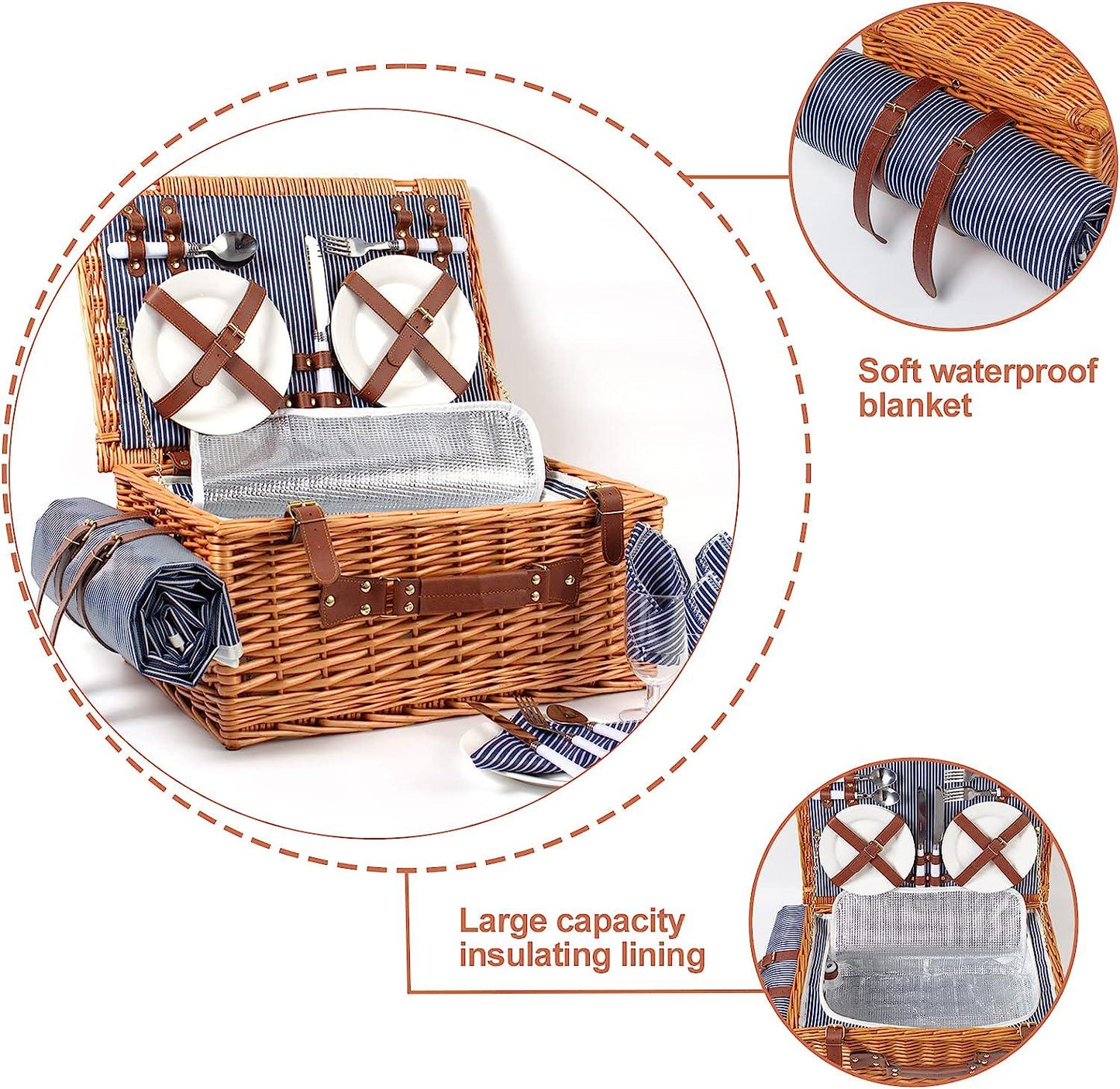 Wicker Picnic Basket for 4 Persons with Waterproof Picnic Blanket,Picnic Set for Family with Insulated Cooler Compartment Utensils,Wedding Gifts for Couples Unique