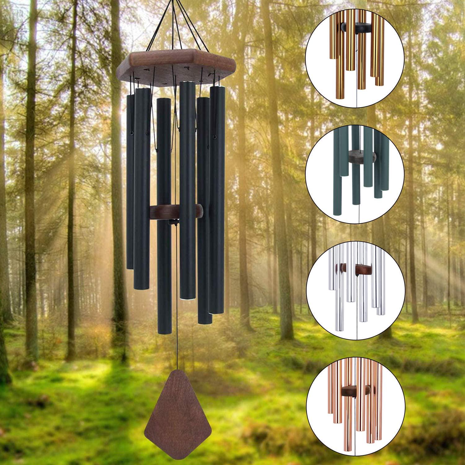 Wind Chimes Outdoor Deep Tone, Wind Chime Outdoor Sympathy Wind-Chime with 6 Tuned Tubes, Elegant Chime for Garden Patio Black Windchimes-