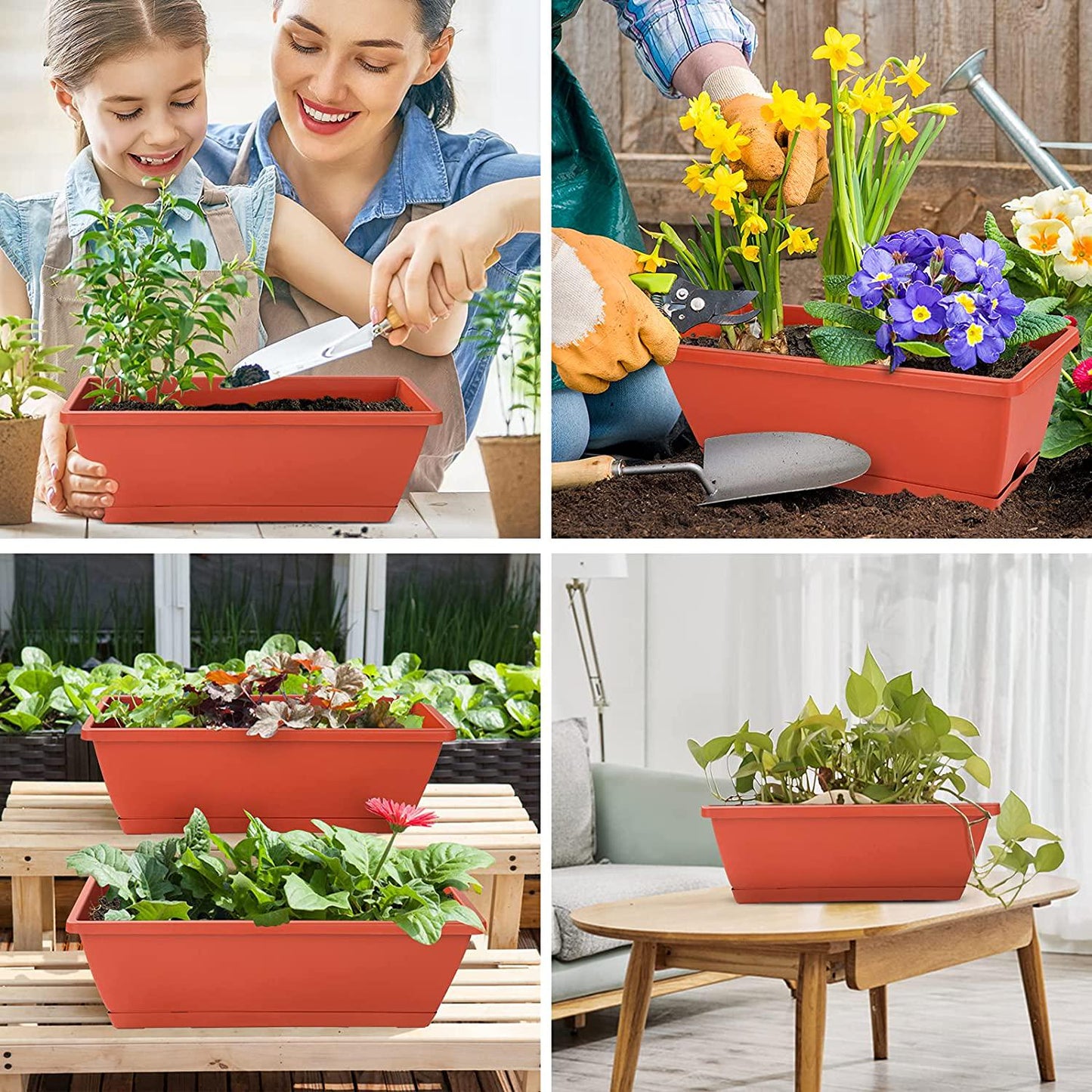 Window Box Planter, 12 Pack 17 inches Rectangle Windowsill Planters with Drainage Tray Plastic Flower Herb Planters for Outdoor Indoor Plants, Boxes Planters