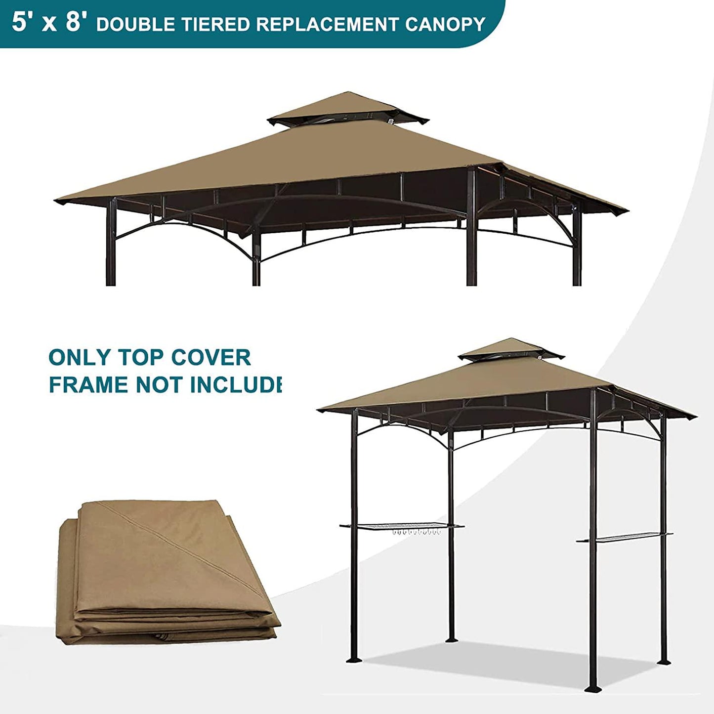 Grill Gazebo Replacement Canopy Top 5x8 Gazebo Roof Double Tiered Outdoor BBQ Roof Cover Grill Shelter Only Fit for Model L-GG001PST-F (Khaki)