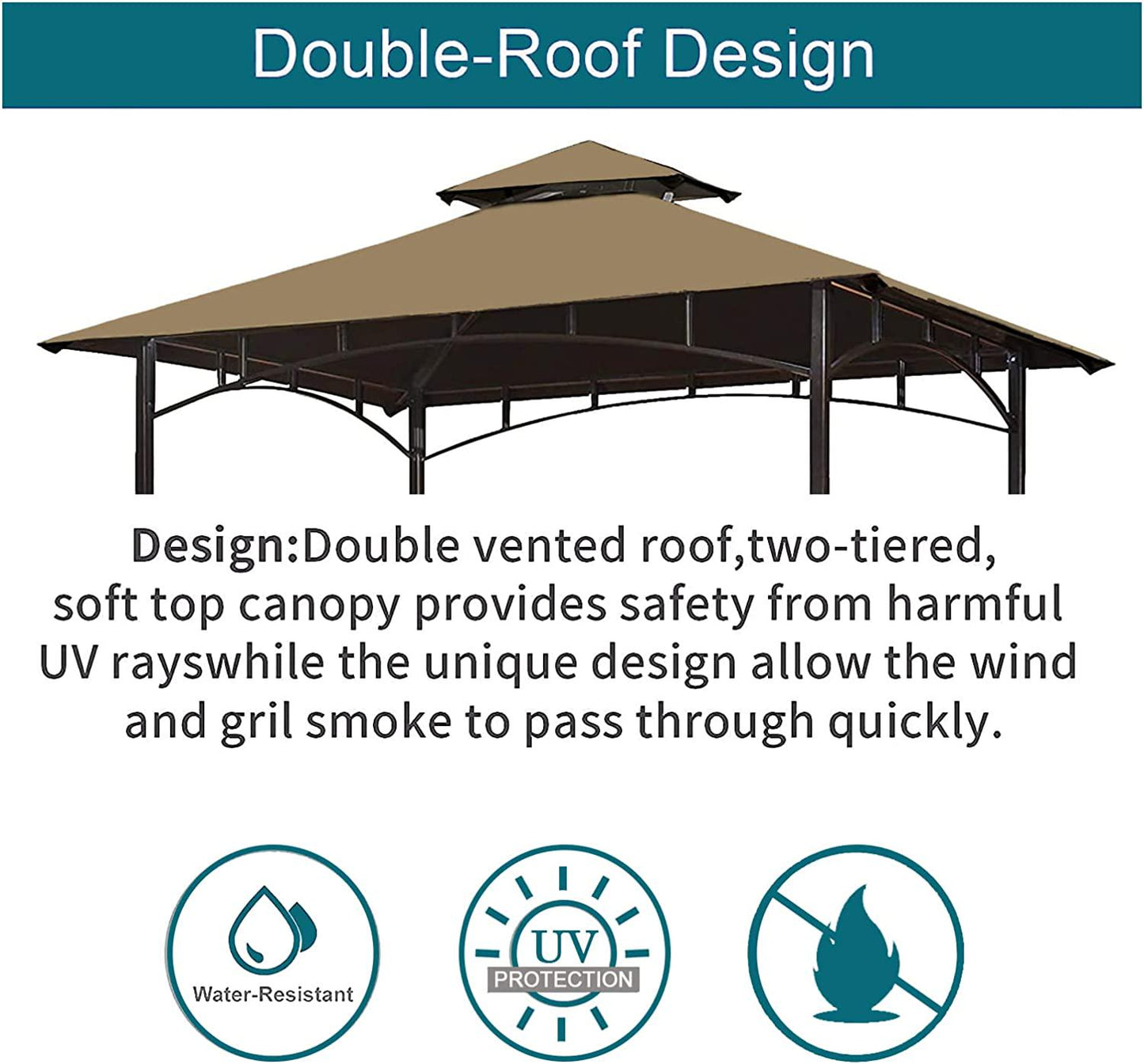 Grill Gazebo Replacement Canopy Top 5x8 Gazebo Roof Double Tiered Outdoor BBQ Roof Cover Grill Shelter Only Fit for Model L-GG001PST-F (Khaki)