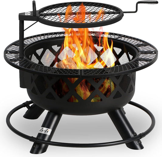 Wood Burning Fire Pit with Quick Removable Cooking Grill, Black, 32in-