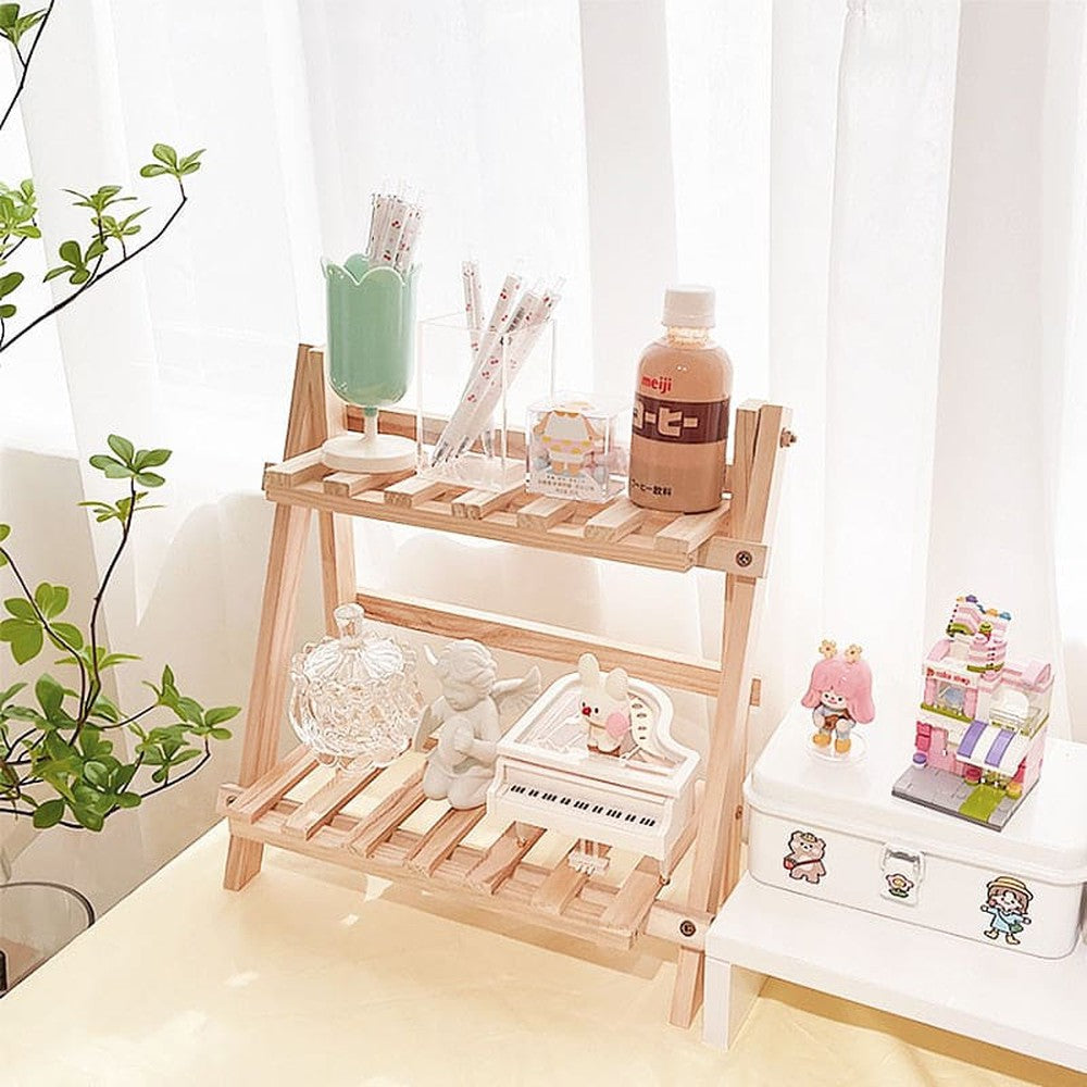 Wooden Double Layer Shelf Home Storage-