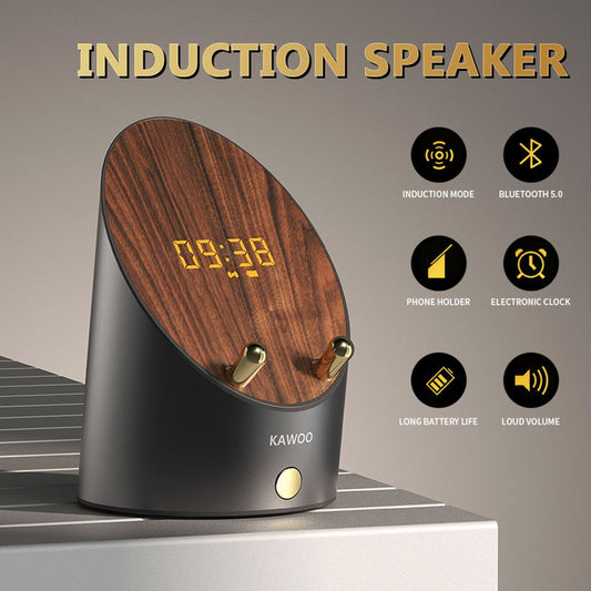 Wooden Smart Portable Induction|Bluetooth Speaker with Phone Holder and Alarm Clock-Bluetooth Speaker