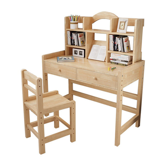 Wooden Student Desk And Chair Set With Drawers And Bookshelves Adjustable Height-Student Desk