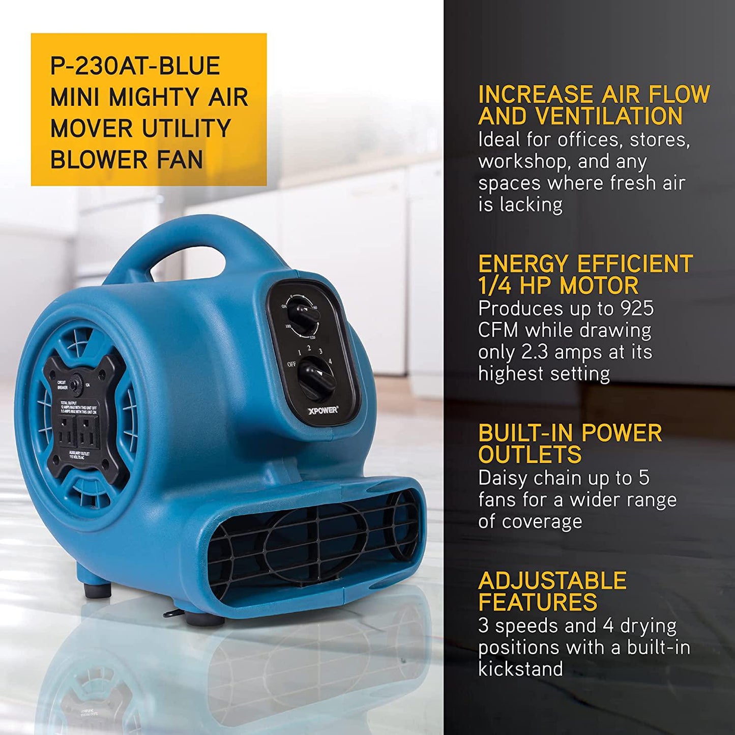 XPOWER P-230AT Mini Mighty 1/4 HP 925 CFM Centrifugal Air Mover, Carpet Dryer, Floor Fan, Blower, Stackable, Daisy Chain