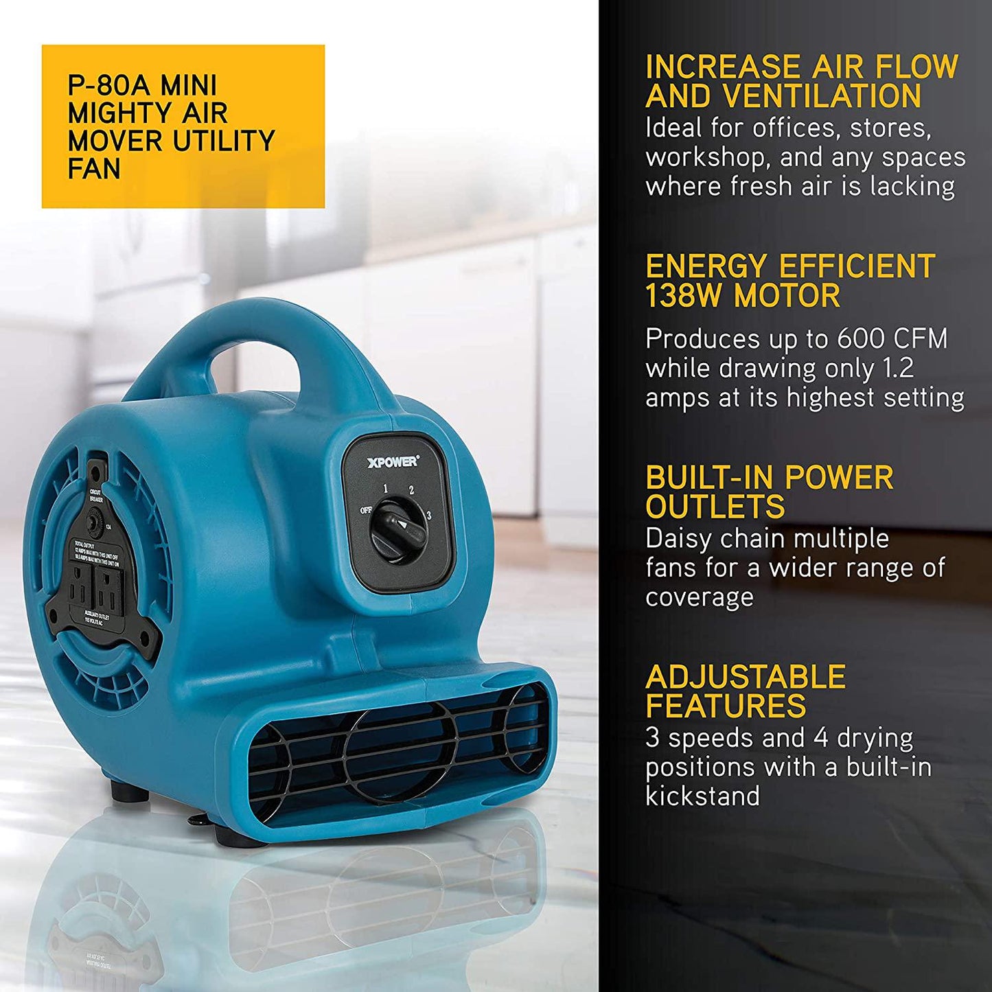 XPOWER P-80A Mini Mighty 138 W 600 CFM Centrifugal Air Mover, Carpet Dryer, Floor Fan, Blower, Stackable, Daisy Chain Home Use