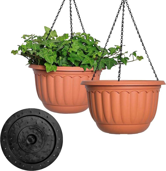 YIKUSH Hanging Planter for Indoor and Outdoor Plants 2 Pack 12inch Flower Pot Plastic Plant Pot with Drainage Hole and Absorbing Tray Terracotta,with 3 Hooks-