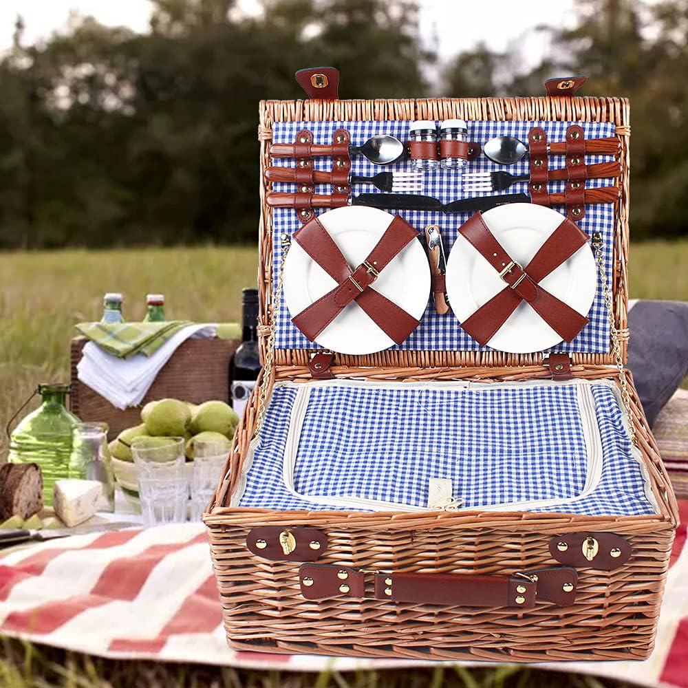 YIPONYT Wicker Picnic Basket Set for 4 Persons Wicker Picnic Basket Set with Insulated Compartment,Wicker Picnic Service Gift with Utensils