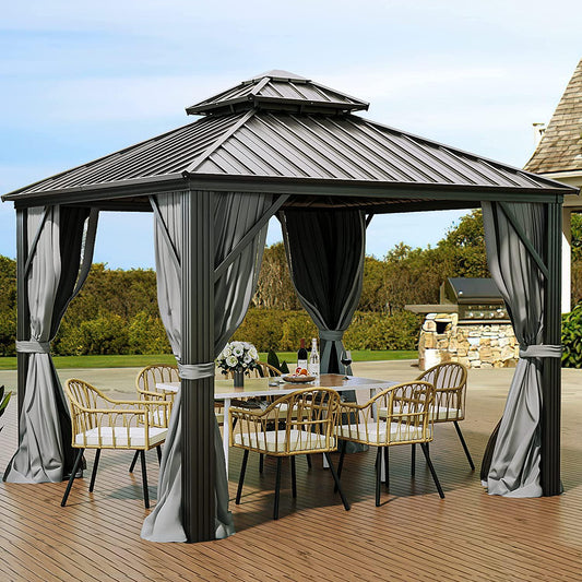 YITAHOME 10x10ft Hardtop Gazebo with Nettings and Curtains, Heavy Duty Double Roof Galvanized Steel Outdoor Combined of Vertical Stripes Roof for Patio, Backyard, Deck, Lawns, Gray-