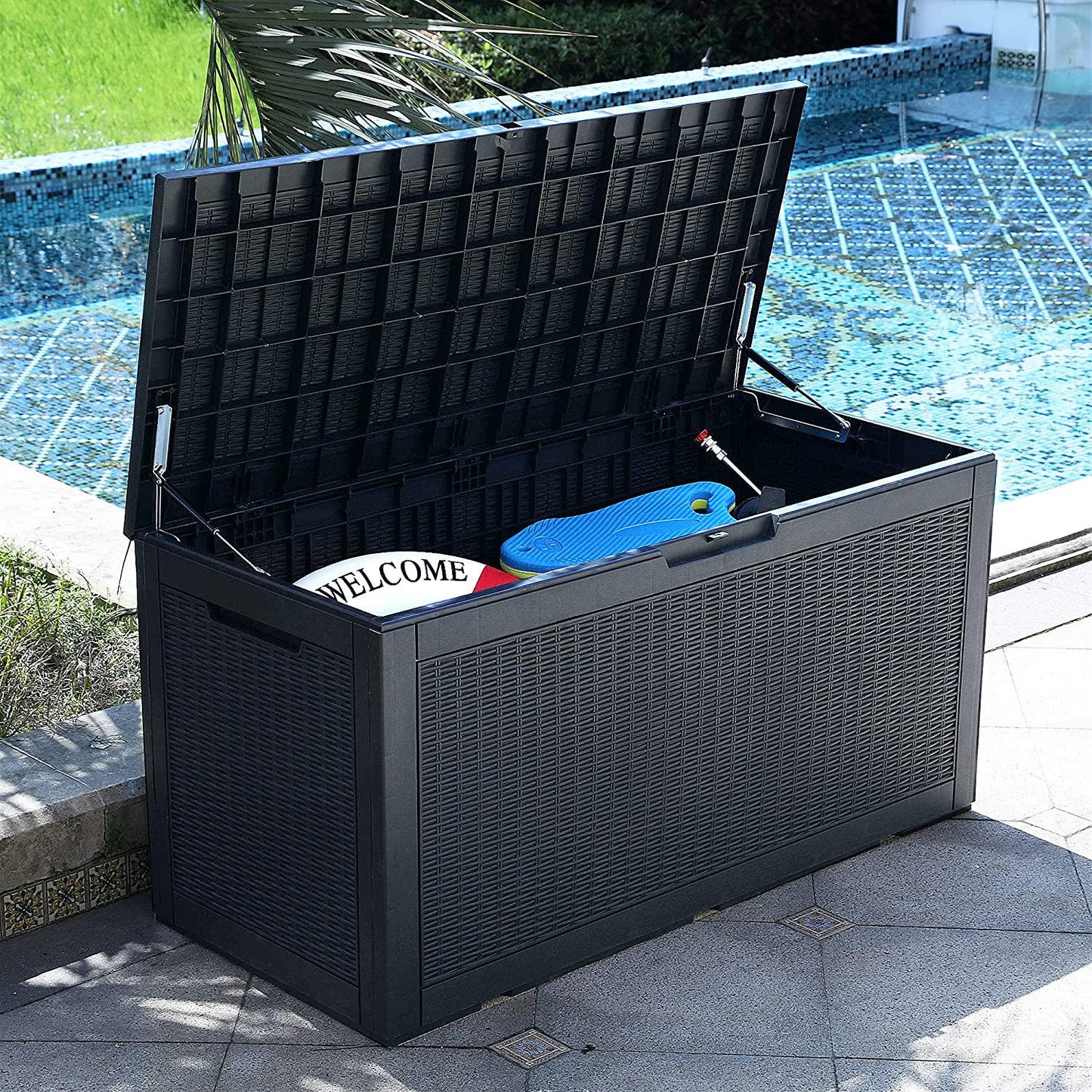 100 Gallon Large Resin Deck Box Outdoor Storage Boxes for Patio Furniture, Outdoor Cushions, Garden Tools and Pool Supplies-Waterproof,Lockable (Black)
