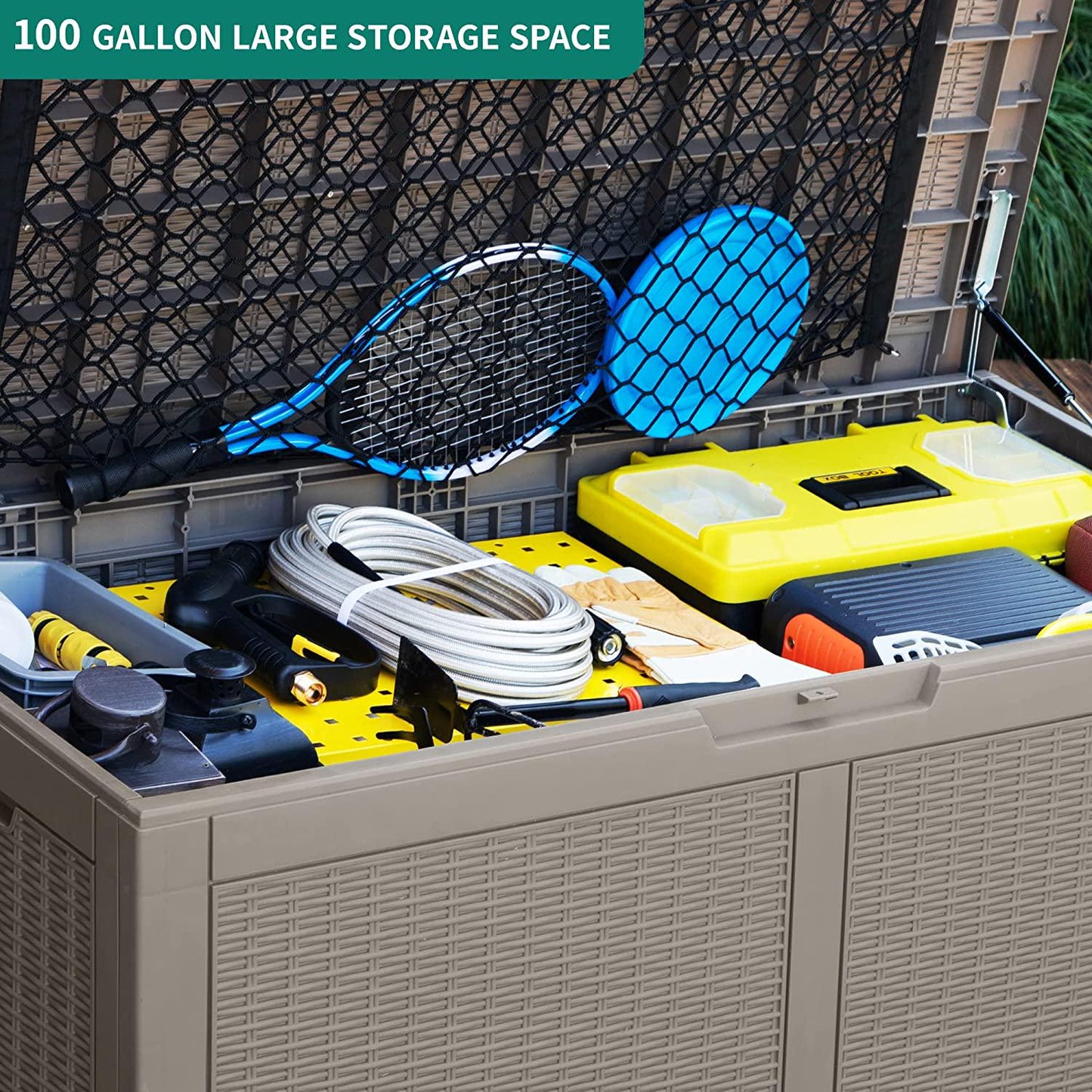 YITAHOME 100 Gallon Large Deck Box w/Storage Net, Resin Outdoor Storage Boxes, Waterproof Patio Cushion Storage Bench for Patio Furniture, Pool Supplies
