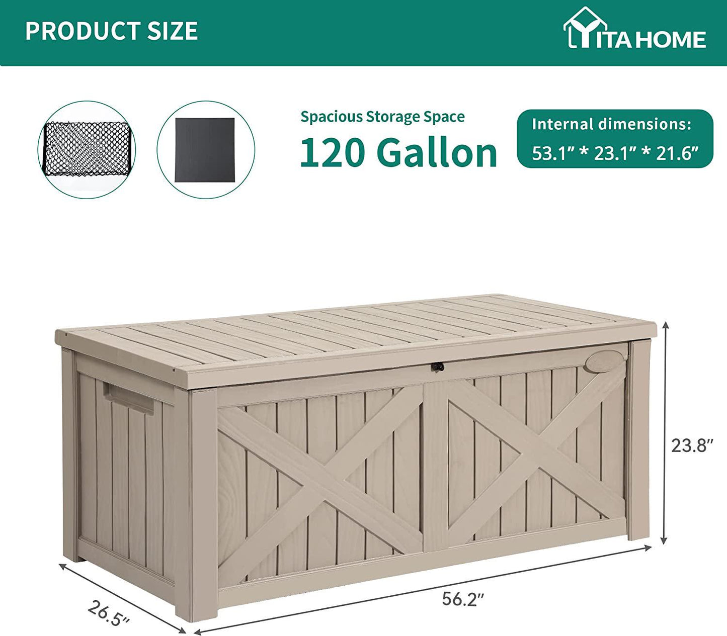 120 Gallon Large Deck Box w/Flexible Divider and Storage Net, Resin Outdoor Storage Boxes, Waterproof Cushion Storage Bench for Patio, Pool Supplies, Garden Tools