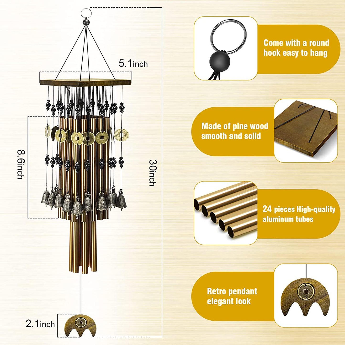 Wind Chimes for Outside,30 Memorial Wind Chimes with 24 Copper Tubes and 16 Copper Bell for Garden, Patio,Window Wind Chime Hanging Decoration