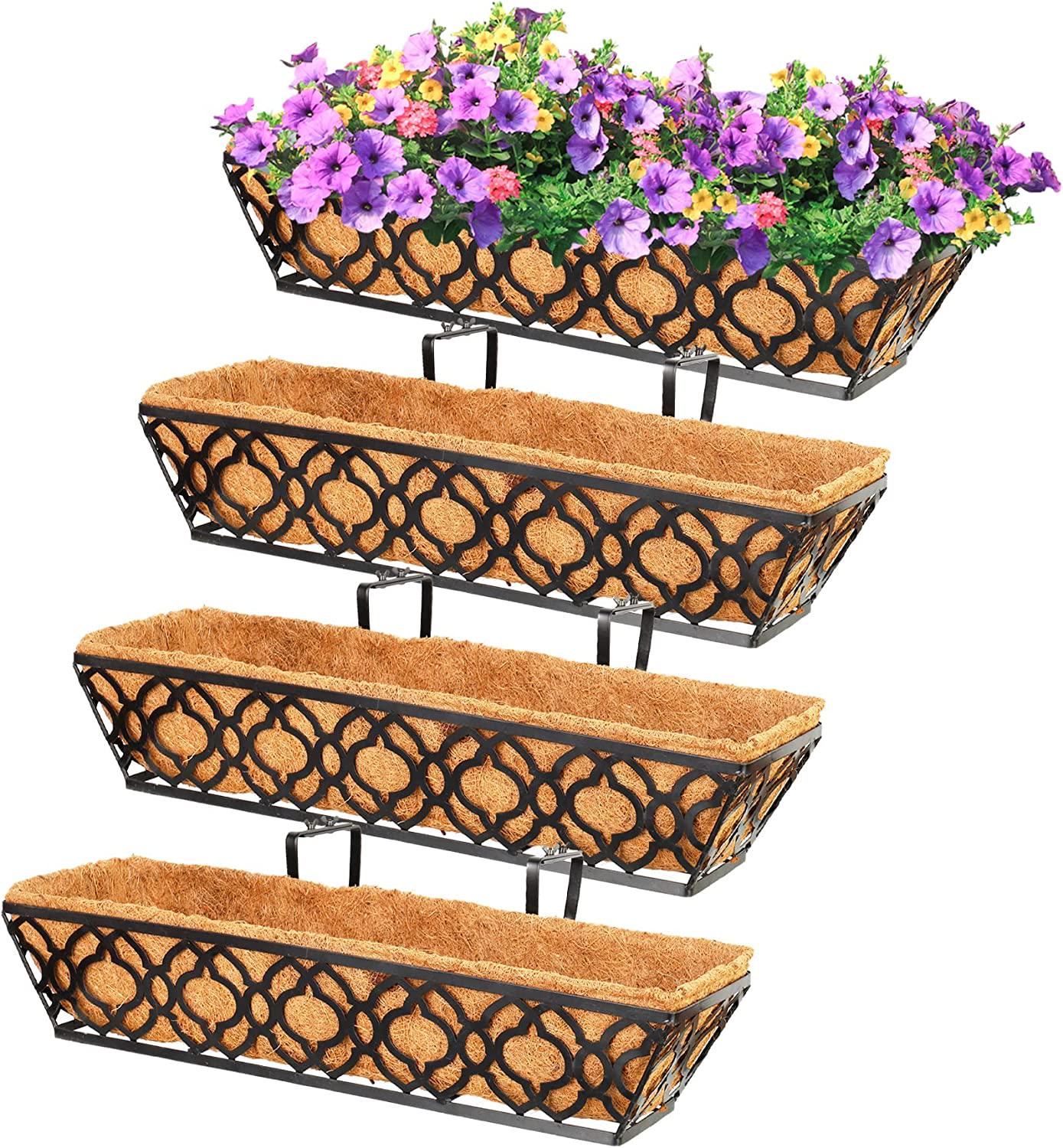Y&M 24inch Window Planter Box 4Pcs Iron Window Deck Railing Planter with Coco Liner, Metal Horse Troughs Fence Planter for Outdoor Balcony Rail Fence Porch Patio-