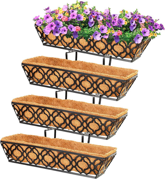 Y&M 24inch Window Planter Box 4Pcs Iron Window Deck Railing Planter with Coco Liner, Metal Horse Troughs Fence Planter for Outdoor Balcony Rail Fence Porch Patio-