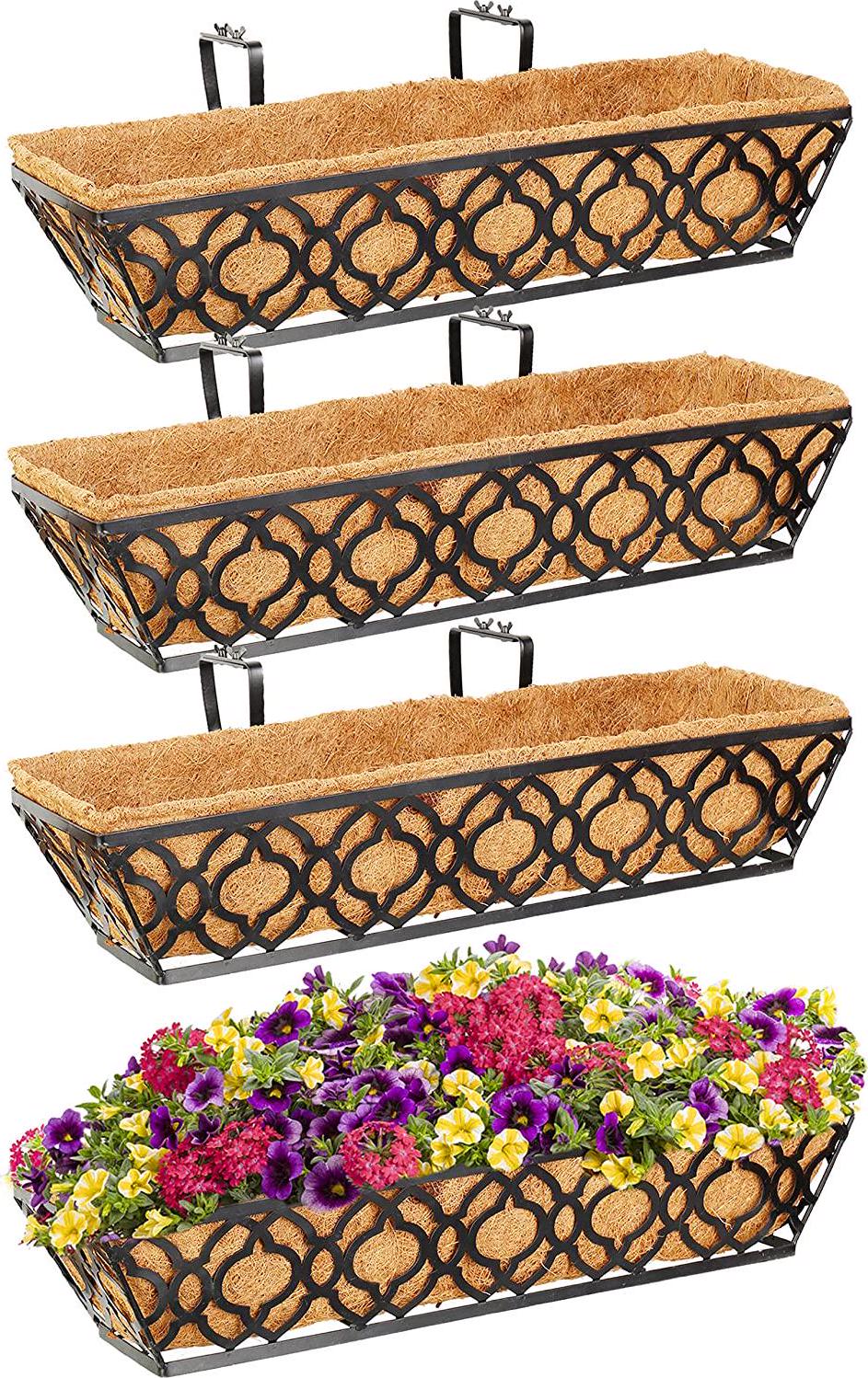 Y&M Flower Boxes for Deck Railings 24inch 4packs, Deck Railing Planter Boxes with Coir Liner Outdoor Railing Window Boxes Planters Hanging Planter Flower Box-