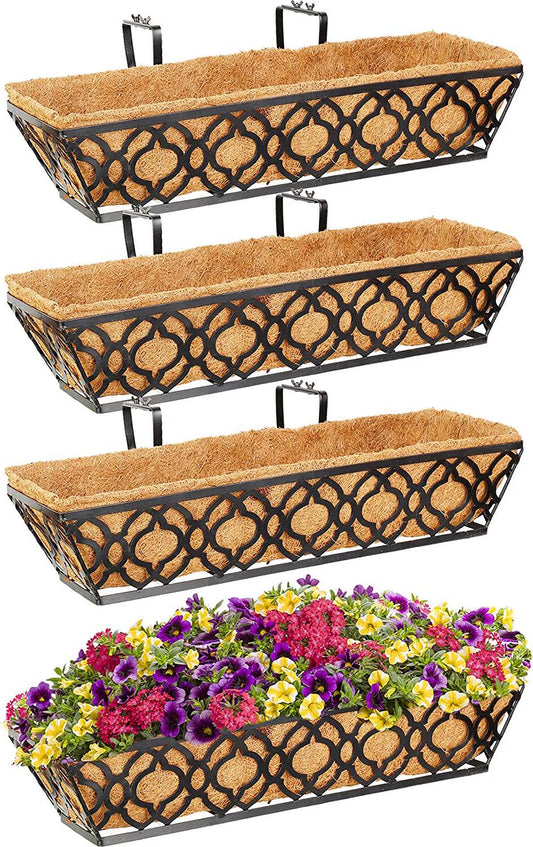 Y&M Flower Boxes for Deck Railings 24inch 4packs, Deck Railing Planter Boxes with Coir Liner Outdoor Railing Window Boxes Planters Hanging Planter Flower Box-