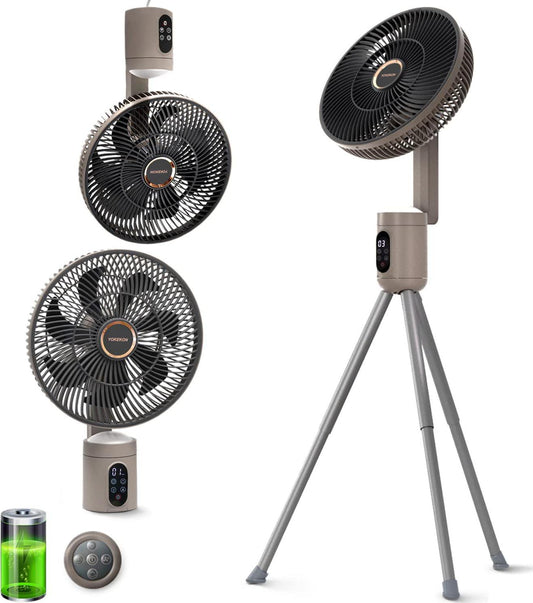 YOKEKON Standing Outdoor Fan for Patio, 12 Rechargeable Camping Fan with Remote Light, 12000mAh Battery Operated Oscillating Fan, Quiet, 8 Speeds, Timer, Beach/Bedroom/room/office-